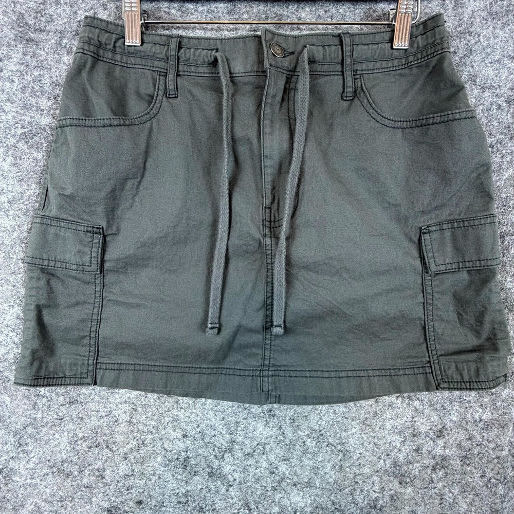 Hollister Mini Skirt Women Large Dark Gray Cargo Pockets Drawstring Y2K Grunge